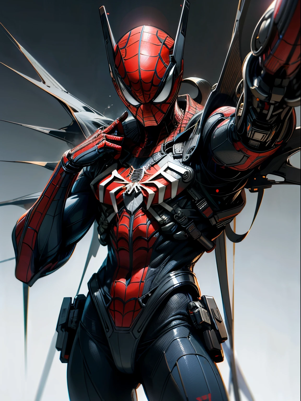 (extremely detailed 8k wallpaper), Close-up (futuristic Spiderman From Marvel 1.3) emerging from the the futuristic world, extremely detailed, volumetric lighting Dark_Fantasy,Cyberpunk,(saw, Red:1.1),1man,Mechanical marvel,Robotic presence,Cybernetic guardian, dark colours.