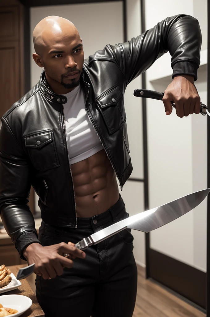 1 strong black man holding a small knife, in leather jacket and white shirt, big fit ass, brawny, epic dinner, baldie