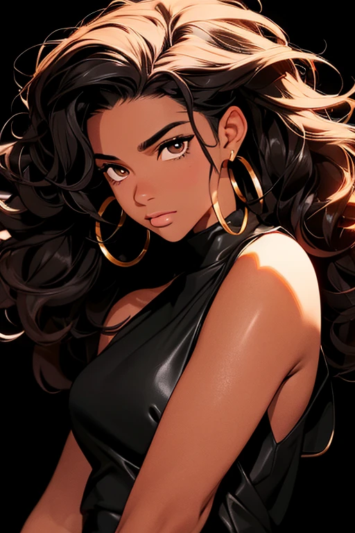 highres,ultra-detailed,realistic,portrait,  black young woman, voluminous curly hair, jet-black with dark brown highlights, warm brown skin tone, sleek sleeveless high-necked black leather top, large gold hoop earrings, confident expression, dark dramatic background.. portrait
