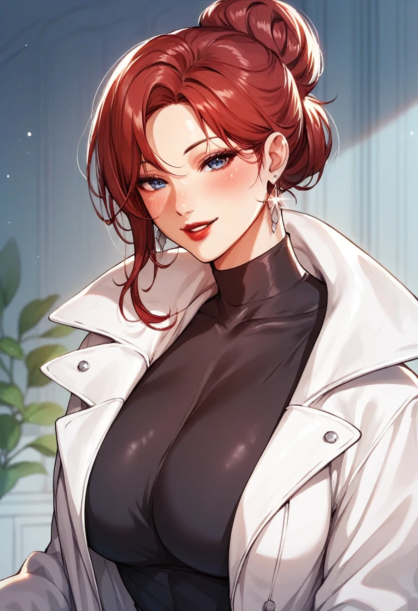 Hot sexy beautiful one women,  long silver chandelier earrings,big breasts, ,red hair ,  hair bun,blush,blue eyes, smiling,red lipstick, white coat, black shirt, long sleeves