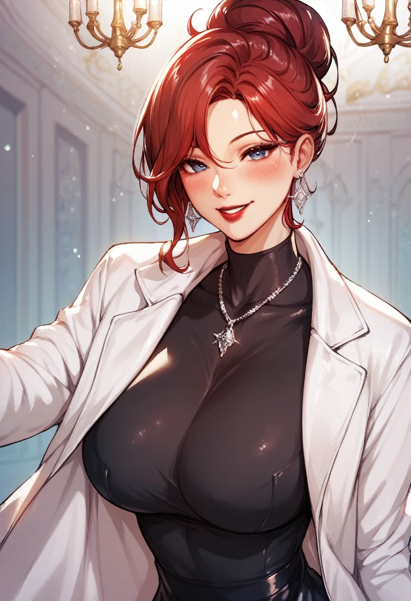 Hot sexy beautiful one women,  long silver chandelier earrings,big breasts, ,red hair ,  hair bun,blush,blue eyes, smiling,red lipstick, white coat, black shirt, long sleeves