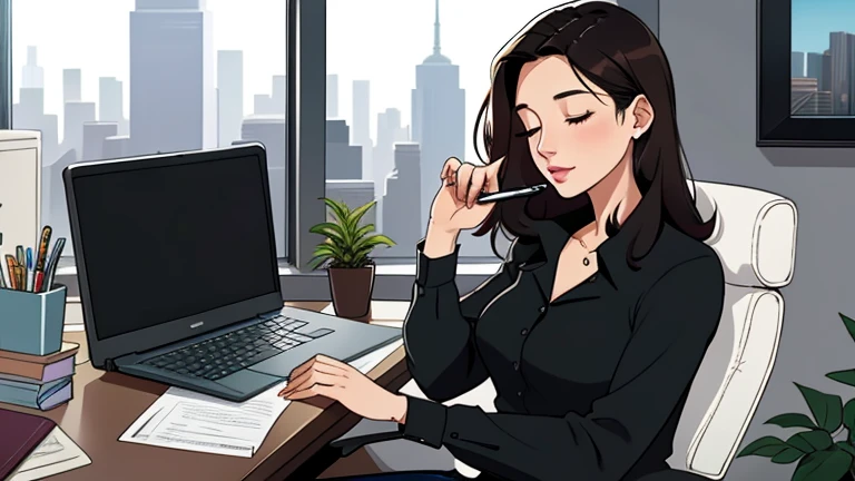 Beautiful dark-haired woman in her 30s sitting in an spacious office office chair, looking down and closing her eyes, relaxed atmosphere, cozy, LOFI girl, alone in the room, white blouse, desk, documents, laptop, pen, watch, smartphone, stationery, wide glass window, only five fingers, New York, colorful, well-proportioned face, I can see skyscrapers outside the window, Modern Office, colorful interior