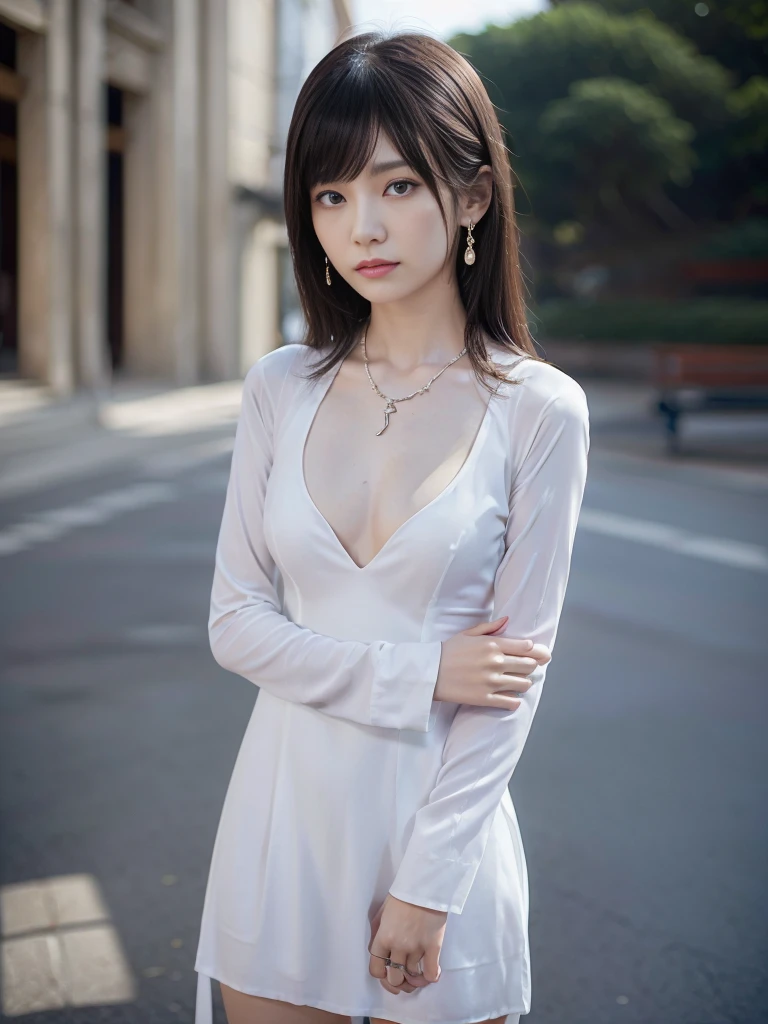 (slendr legs:1.1),(2 worman:1.4) ,(make up:1.0),Necklaces, rings, earrings, watches, jewellery,suit,2 lady,realistic,(ultra quality:1.2),high quality,masterpiece,(ultra detailed:1.4),japanese girl,beautiful face,(small breast:1.4),slender,highres,(bra line under dress:1.1)