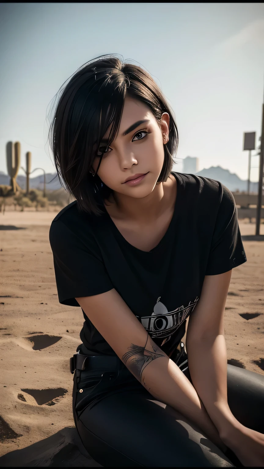 Emo teenager, short tousled hair, loose black pants, loose black rocker shirt, sitting in a dirty park, smiling, desert panorama, detailed face, beautiful detailed eyes, beautiful detailed lips, extremely detailed eyes and face, longeyelashes, moody lighting, dramatic shadows, cinematic composition, muted color palette, high contrast, gritty, atmospheric, wistful expression, contemplative, melancholy, best quality, 4k, 8k, highres, masterpiece:1.2, ultra-detailed, realistic, photorealistic, photo-realistic:1.37, HDR, studio lighting, ultra-fine painting, sharp focus, physically-based rendering, extreme detail description, professional, vivid colors, bokeh