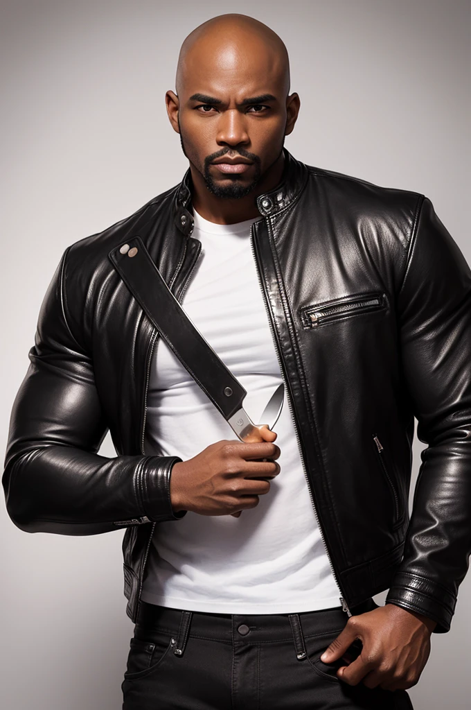 1 strong black man holding a small knife, in leather jacket and white shirt, big fit ass, brawny, epic dinner, baldie