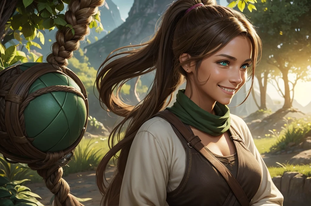 A woman of average height, with sun-tanned skin and light brown hair tied in a ponytail. Her green eyes shine with determination, and she almost always has a friendly smile on her face. She wears simple, comfortable clothes, often stained with dirt. (digital art, fantasy art, RPG art)
