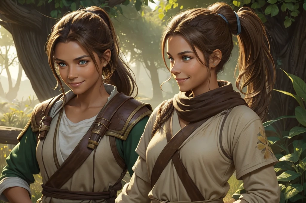 A woman of average height, with sun-tanned skin and light brown hair tied in a ponytail. Her green eyes shine with determination, and she almost always has a friendly smile on her face. She wears simple, comfortable clothes, often stained with dirt. (digital art, fantasy art, RPG art)