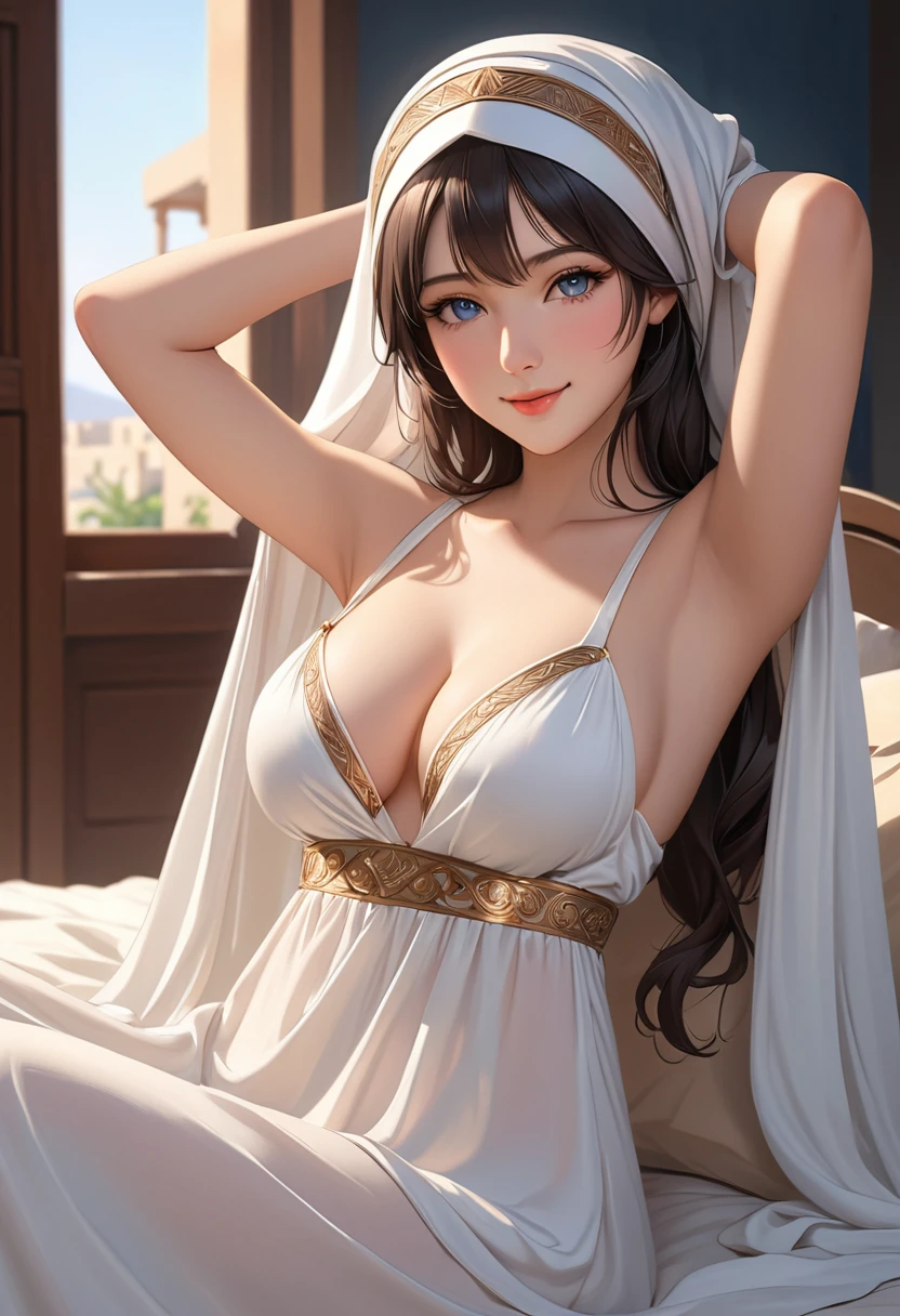 futuristic, cleavage, hijab girl, Absurd, ultra-detailed, high quality, masterpiece, detailed face, beautiful eyes(detailed eyes), Greek mythology Goddess, Hestia, goddess of the hearth and home, gentle and graceful, face exudes warmth and kindness, eyes described as soft and comforting, gentle and steady gaze, overall appearance is simple and modest, The fabric of her garments is usually depicted as soft and earth-toned, beauty lies not in extravagant adornments, Her smile is serene and welcoming, showing her armpits, navel, nipples, armpits, arm behind head, shirt lift, bra lift, full body, spread legs, sitting on bed, nsfw:1.5,