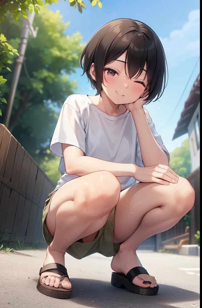 Residential Street,smile,Squat,close your eyes,1 ,boyish.Two-block shorthair,Black Hair,blush,White T-shirt,Olive green shorts,Brown Sandals,White skin,summer,From below,Open your hands,shy,Sweat,Open your mouth,