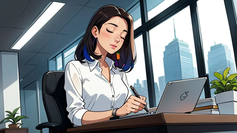 Beautiful dark-haired woman in her 30s sitting in an spacious office office chair, looking down and closing her eyes, relaxed atmosphere, cozy, LOFI girl, alone in the room, white blouse, desk, documents, laptop, pen, watch, smartphone, stationery, wide glass window, only five fingers, New York, colorful, well-proportioned face, I can see skyscrapers outside the window, Modern Office, colorful interior