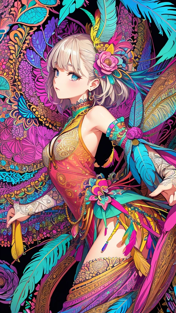 (1girl, solo, from side), extremely detailed, (abstract background, zentangle, fractal art:1.3), (many colors, colorful:1.1), (feathers, petals, flowers:1.3), dynamic pose, earrings