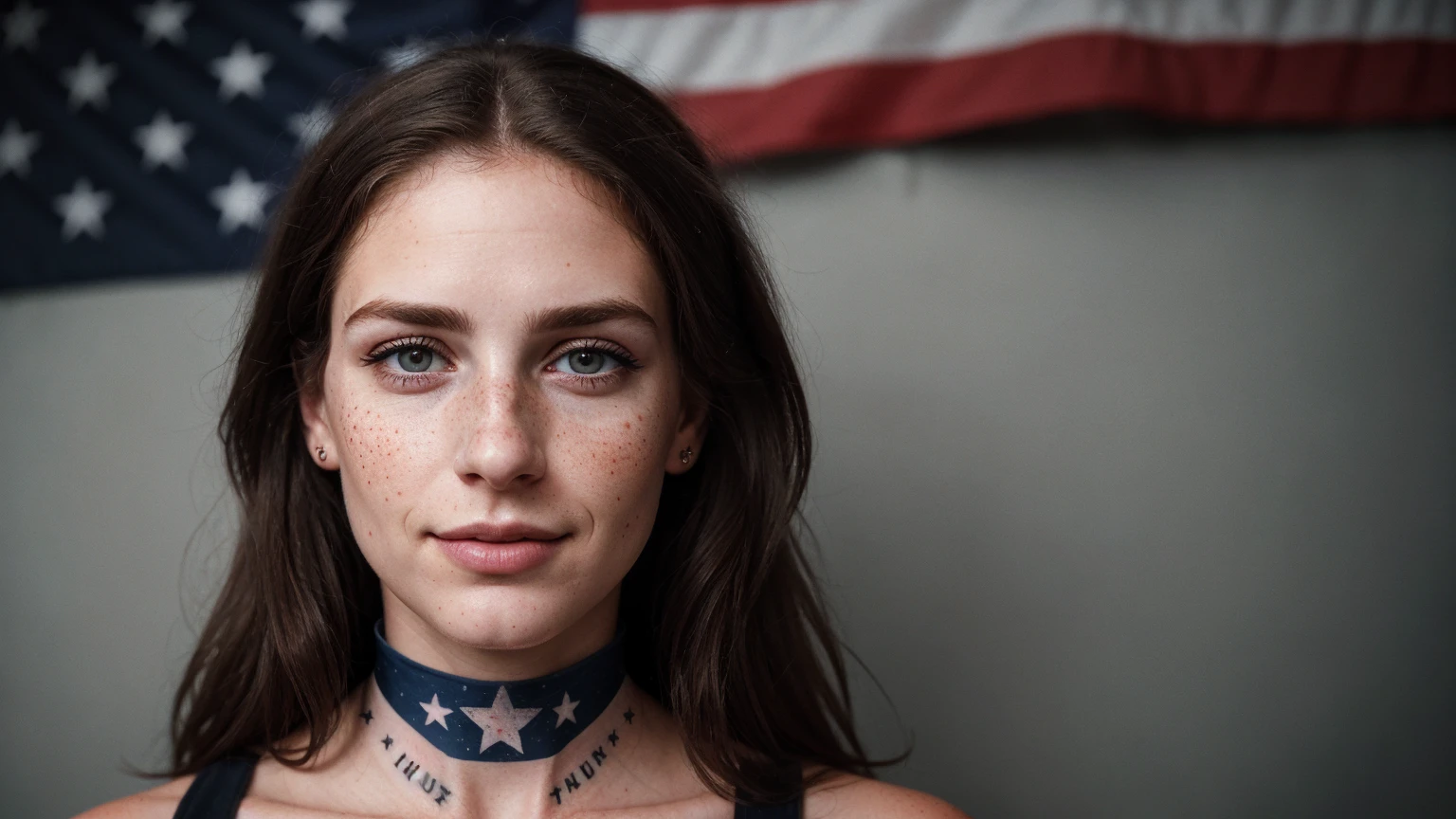 photo, rule of thirds, dramatic lighting, medium hair, detailed face, detailed nose, Woman with American flag painted on her face (Independence Day), freckles, collar or choker, perfect detailed hand tattoo, complex background, realism , realistic, rough, analog, woman, portrait, photorealistic, analog, realism, independence day photo background