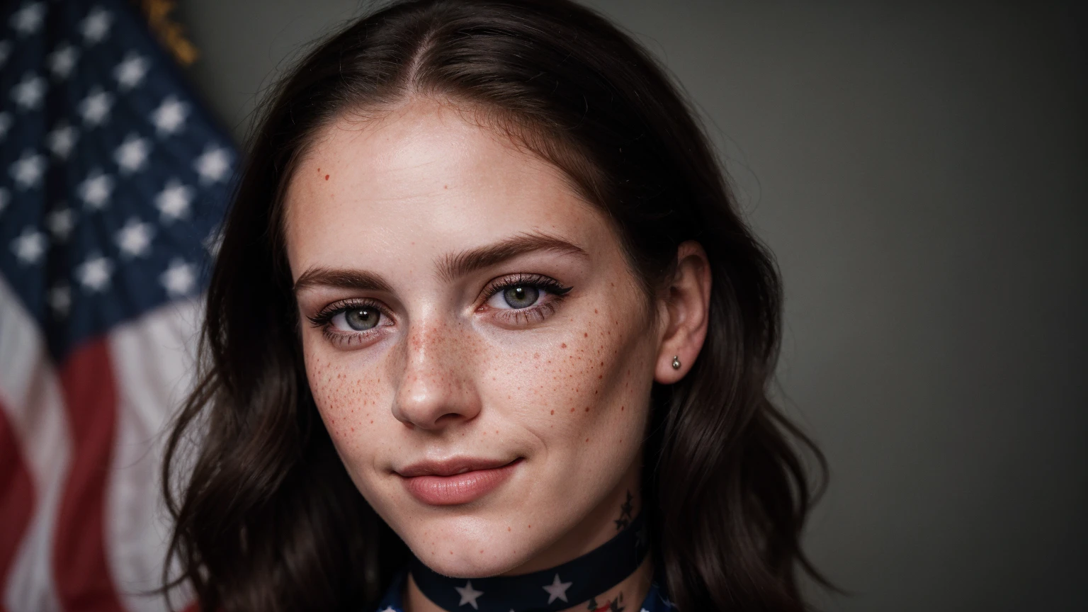 photo, rule of thirds, dramatic lighting, medium hair, detailed face, detailed nose, Woman with American flag painted on her face (Independence Day), freckles, collar or choker, perfect detailed hand, smile, tattoo, complex background, realism , realistic, rough, analog, woman, portrait, photorealistic, analog, realism, independence day photo background