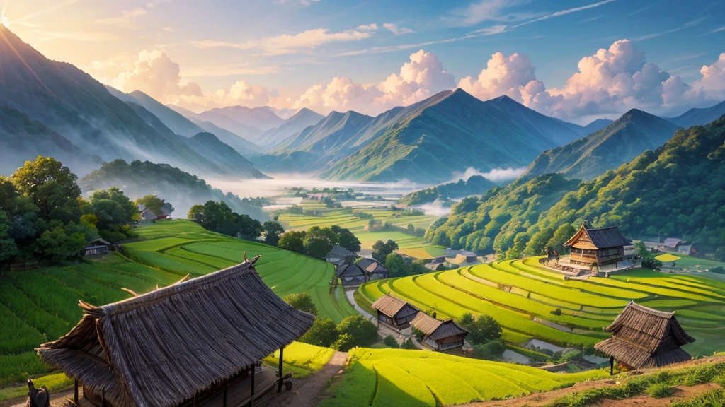 A peaceful countryside scene with terraced fields. There are several people working in the fields, Some people grow rice and others lead water buffalo. A traditional thatched-roof hut can be seen on the left, raised on piles. Rear, There are verdant mountains partially shrouded in mist. Above the scene, A flock of birds is flying far into the horizon. The lighting suggests it could be early morning or late afternoon, creating a warm aura over the scene. This photo is interesting because it captures traditional farming methods in a peaceful and beautiful setting.