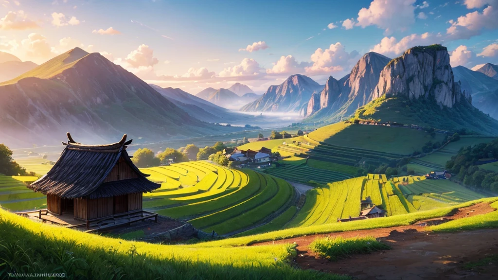 A peaceful countryside scene with terraced fields. There are several people working in the fields, Some people grow rice and others lead water buffalo. A traditional thatched-roof hut can be seen on the left, raised on piles. Rear, There are verdant mountains partially shrouded in mist. Above the scene, A flock of birds is flying far into the horizon. The lighting suggests it could be early morning or late afternoon, creating a warm aura over the scene. This photo is interesting because it captures traditional farming methods in a peaceful and beautiful setting.