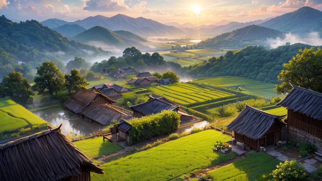 A peaceful countryside scene with terraced fields. There are several people working in the fields, Some people grow rice and others lead water buffalo. A traditional thatched-roof hut can be seen on the left, raised on piles. Rear, There are verdant mountains partially shrouded in mist. Above the scene, A flock of birds is flying far into the horizon. The lighting suggests it could be early morning or late afternoon, creating a warm aura over the scene. This photo is interesting because it captures traditional farming methods in a peaceful and beautiful setting.