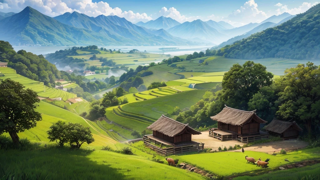 A peaceful countryside scene with terraced fields. There are several people working in the fields, Some people grow rice and others lead water buffalo. A traditional thatched-roof hut can be seen on the left, raised on piles. Rear, There are verdant mountains partially shrouded in mist. Above the scene, A flock of birds is flying far into the horizon. The lighting suggests it could be early morning or late afternoon, creating a warm aura over the scene. This photo is interesting because it captures traditional farming methods in a peaceful and beautiful setting.