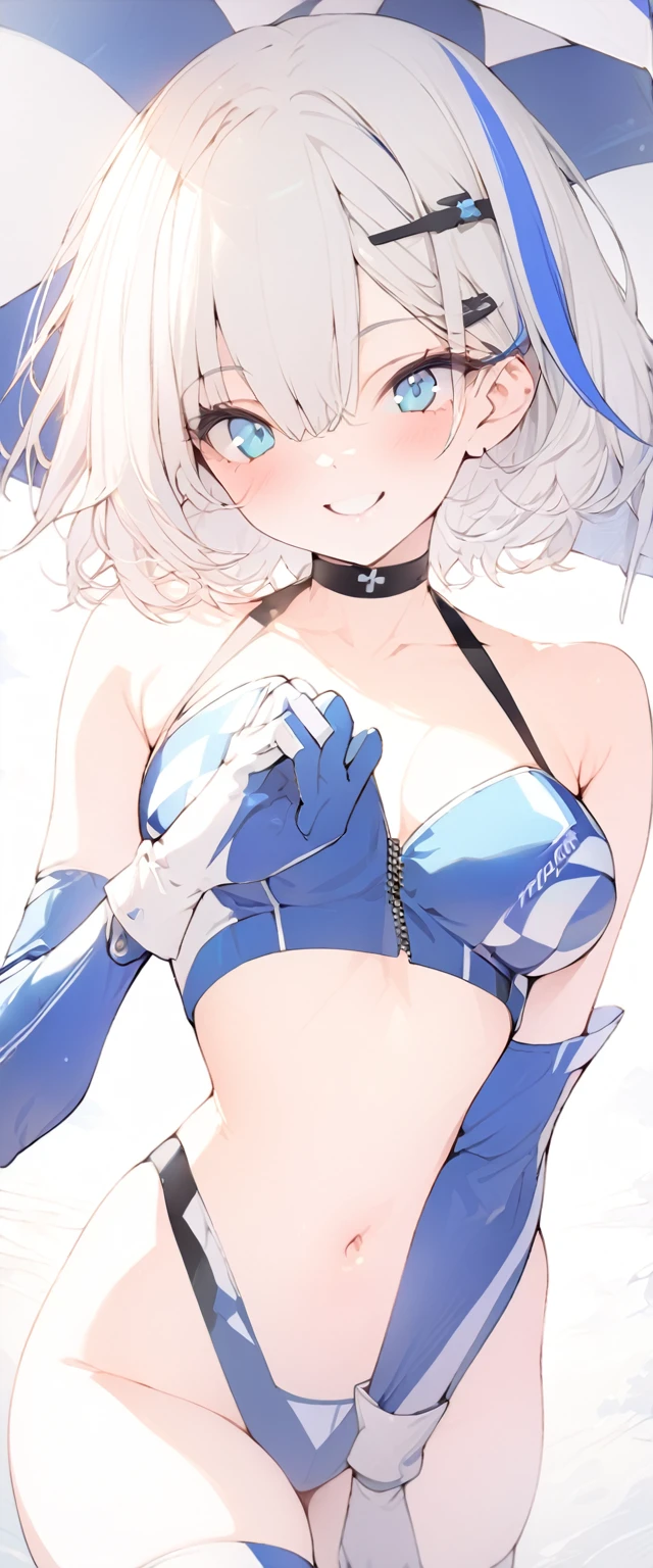beautiful, masterpiece, Highest quality, anime, One girl, C Cup,Portrait Shot, View your viewers, Intricate details,>,((Covered、Short Hair、nearby、Blue Eyes、art、、White hair,Blue streaked hair、wallpaper、、hairpin、smile、Thighs、navel、Plainer_Race Queen、Plainer_Gloves、Plainer_Knee-high boots、Parasol、work、Wave one hand