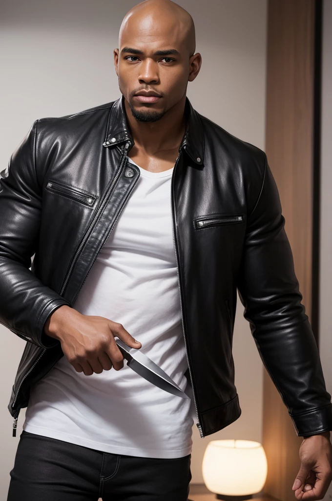 アニメ, drawning, 1 strong black man holding a small knife, in leather jacket and white shirt, big fit ass, brawny, epic dinner, baldie