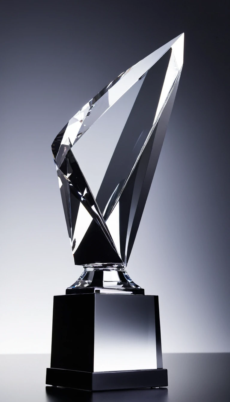 A cool trophy;Black matte metal trophy,Crystal acrylic base;Simplicity,Fashion,Feature,White background,Front view。Simplicity,Smart,Non-figurative。Enhance ambient light,Silk background。
