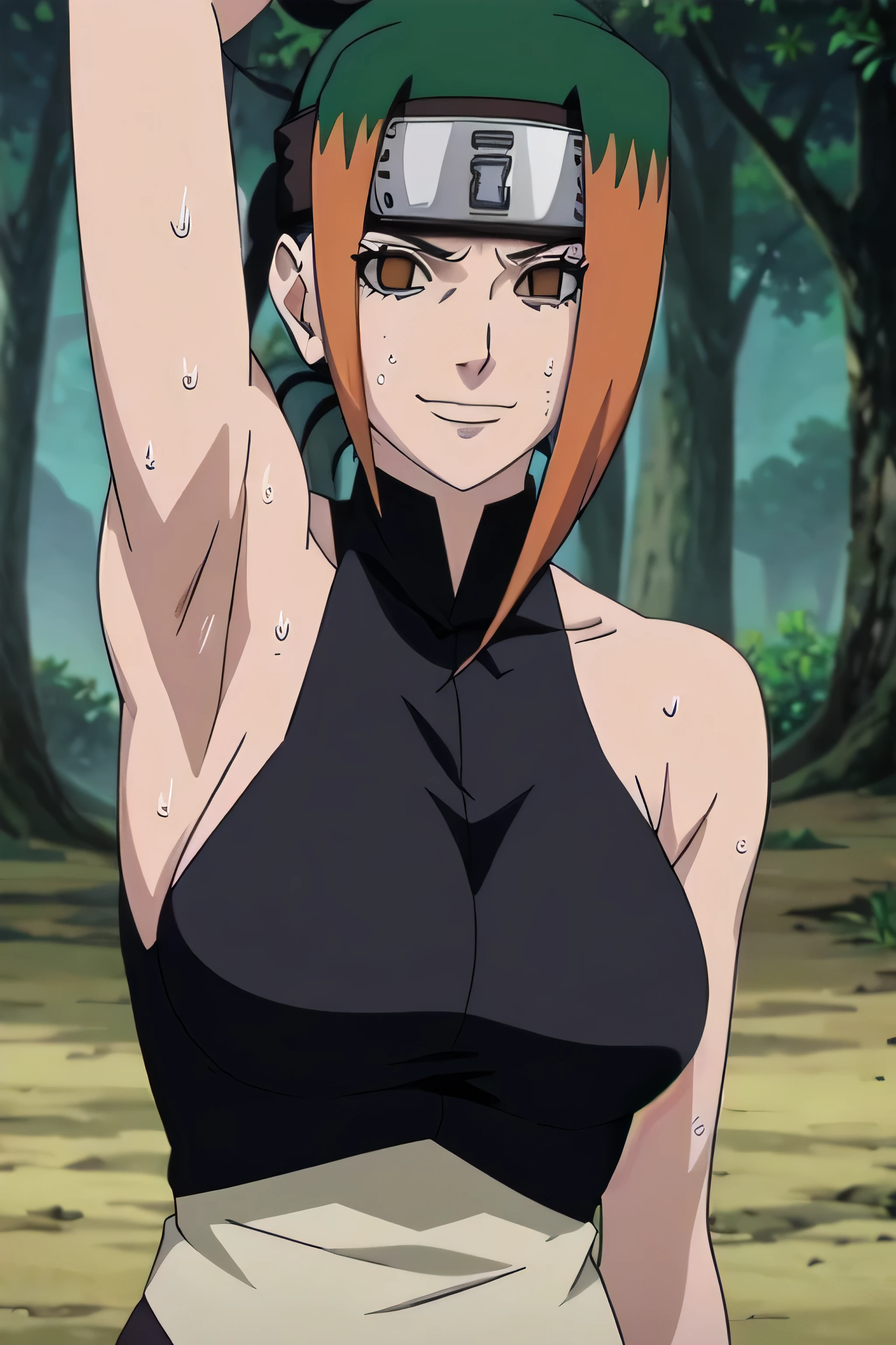 PAKURA, 1girl, solo, upper body, facing viewer, looking at viewer, smile,armpits,armpit,sweat,sweaty,sweaty armpits,awesome armpits,tired,exhausted,sensual expression