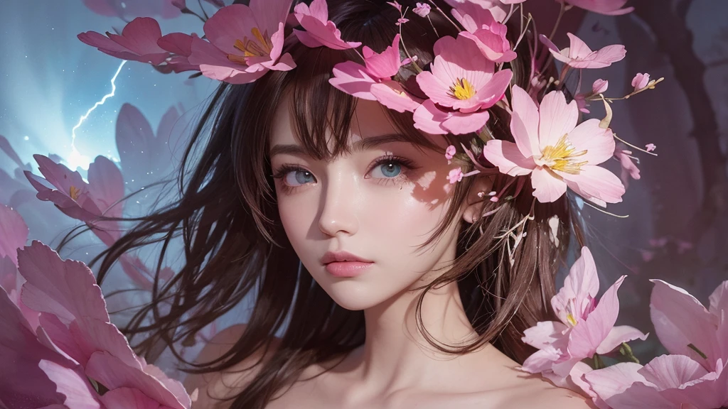 32k, Masterpiece, Highest quality, One girl, Detailed eyes, flower,Sandersonia, Pink and brown style,A dreamy, romantic piece,Pale pink, Mysterious Leaves,A playful arrangement,Fantasy,High Contrast,Ink strokes,explosion,Exposure, Impression of pink and brown tones,Abstract,((Watercolours by John Berkey and Jeremy Mann )) Brush strokes,Negative Space, Tyndall effect,