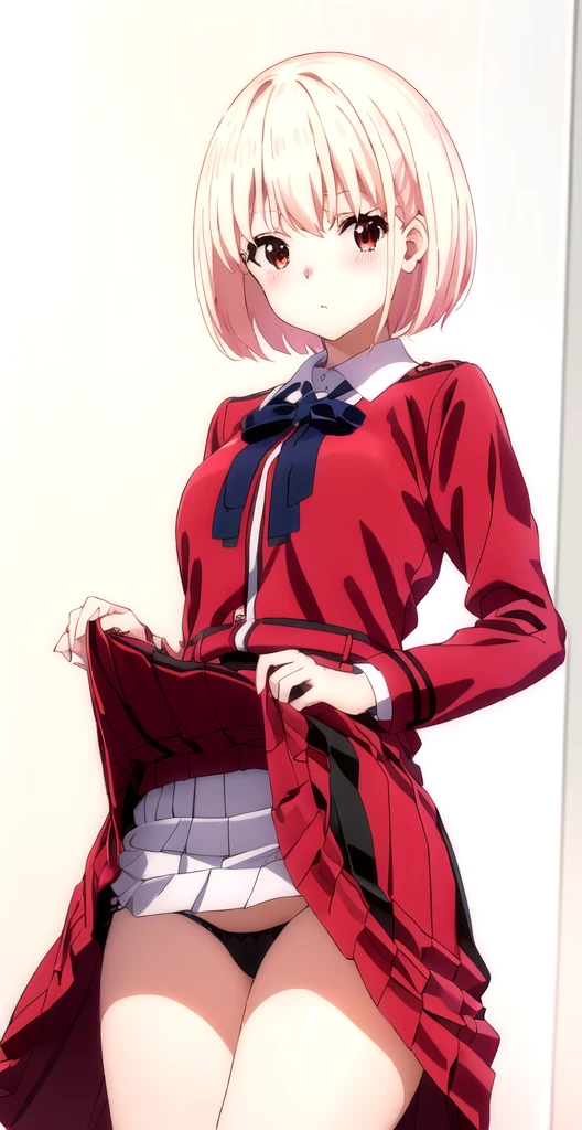Showing panties、Anime girl in a red coat and skirt, Lift up your skirt、Blushing、Showing panties、Pull up your skirt、Short Hair