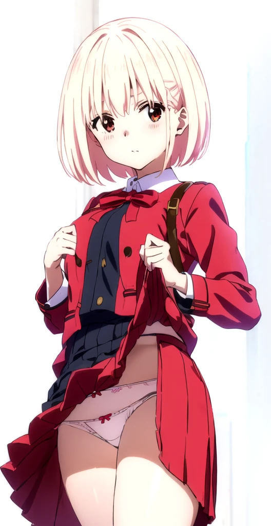 Showing panties、Anime girl in a red coat and skirt, Lift up your skirt、Blushing、Showing panties、Pull up your skirt、Short Hair