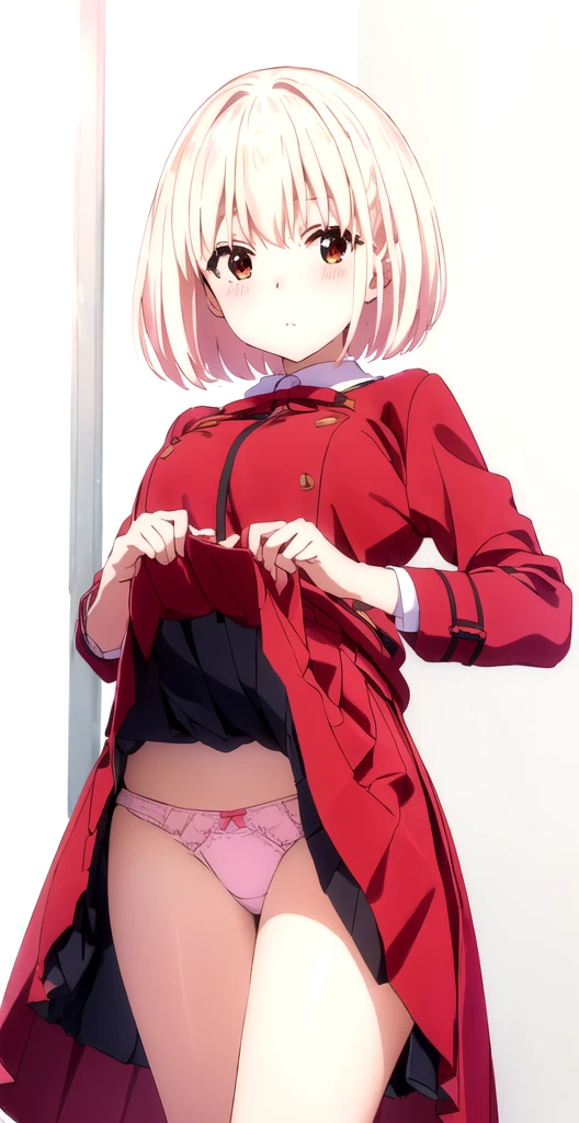 Showing panties、Anime girl in a red coat and skirt, Lift up your skirt、Blushing、Showing panties、Pull up your skirt、Short Hair