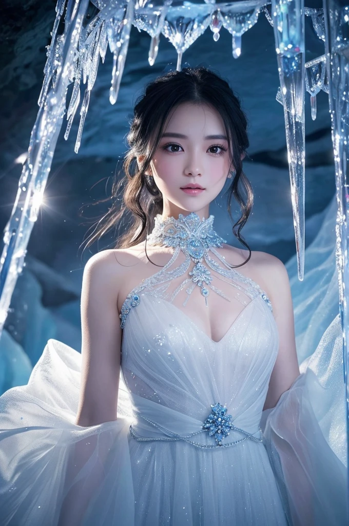 This image is、It depicts a fantastical scene of a beautiful woman standing in an ice cave.。Below is the detailed prompt for the image。

--- In the center of the image、A young woman is standing。she is wearing a white dress、The design is very delicate and elegant。The dress has lace on the shoulders、Transparent materials are used。The dress is decorated with beads and embroidery.、It reflects light and shines brightly。

Her hair is black、It has a natural wave。Her hair is decorated with ice crystals.、It gives the impression of a winter fairy.。Her expression was quiet、The slightly sad eyes are impressive.。Eyes are large、Your gentle eyes are shining。

In the background is an ice cave.。Huge icicles hang from the ceiling and walls of the cave.、The transparent ice pillars reflect the light and shine beautifully.。Fine patterns and cracks can be seen on the surface of the ice.、Natural beauty is highlighted。The whole background is filled with blue light.、It creates a cold and mysterious atmosphere.。

The use of light is very effective、The transparency of the ice and the light reflected on the woman&#39;s skin and dress are beautifully depicted.。The light hits her face softly、The expression is gently illuminated。In particular, the light reflecting off the ice icicles creates a fantastic effect.、It enhances the overall atmosphere.。

This image is、This is a work that depicts a fantastic and beautiful winter world.。The elegant figure of the woman and the mysterious background of the ice cave are perfectly combined.、It offers a highly engaging visual experience。This work is packed with fantastical and artistic elements that users love.。