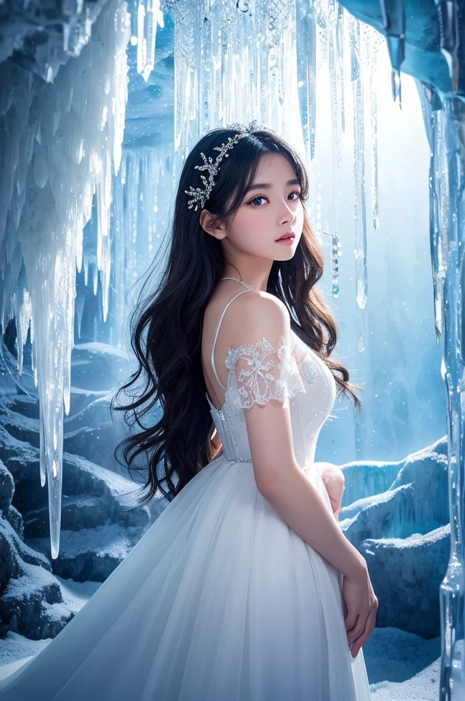 This image is、It depicts a fantastical scene of a beautiful woman standing in an ice cave.。Below is the detailed prompt for the image。
--- In the center of the image、A young woman is standing。she is wearing a white dress、The design is very delicate and elegant。The dress has lace on the shoulders、Transparent materials are used。The dress is decorated with beads and embroidery.、It reflects light and shines brightly。
Her hair is black、It has a natural wave。Her hair is decorated with ice crystals.、It gives the impression of a winter fairy.。Her expression was quiet、The slightly sad eyes are impressive.。Eyes are large、Your gentle eyes are shining。
In the background is an ice cave.。Huge icicles hang from the ceiling and walls of the cave.、The transparent ice pillars reflect the light and shine beautifully.。Fine patterns and cracks can be seen on the surface of the ice.、Natural beauty is highlighted。The whole background is filled with blue light.、It creates a cold and mysterious atmosphere.。
The use of light is very effective、The transparency of the ice and the light reflected on the woman's skin and dress are beautifully depicted.。The light hits her face softly、The expression is gently illuminated。In particular, the light reflecting off the ice icicles creates a fantastic effect.、It enhances the overall atmosphere.。
This image is、This is a work that depicts a fantastic and beautiful winter world.。The elegant figure of the woman and the mysterious background of the ice cave are perfectly combined.、It offers a highly engaging visual experience。This work is packed with fantastical and artistic elements that users love.。