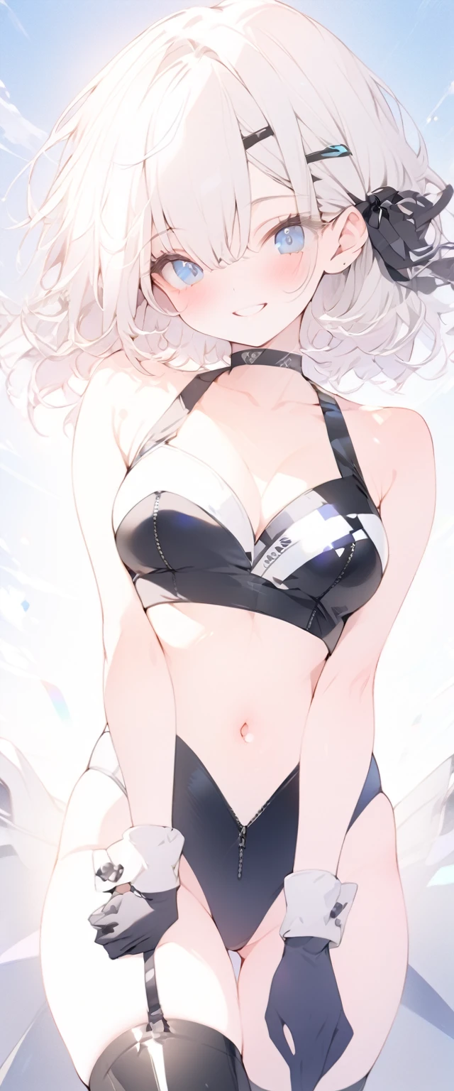 beautiful, masterpiece, Highest quality, anime, One girl, C Cup,Portrait Shot, View your viewers, Covered、Short Hair、nearby、Blue Eyes、art、、White hair,Blue streaked hair、wallpaper、hairpin、Cute smile、Thighs、navel、Black and White_Open race queen、Blue-black_Gloves、Blue-black_Knee-high boots、、Cute、circuit、blue sky、Blue-black_High leg、Leather material、
V-neck