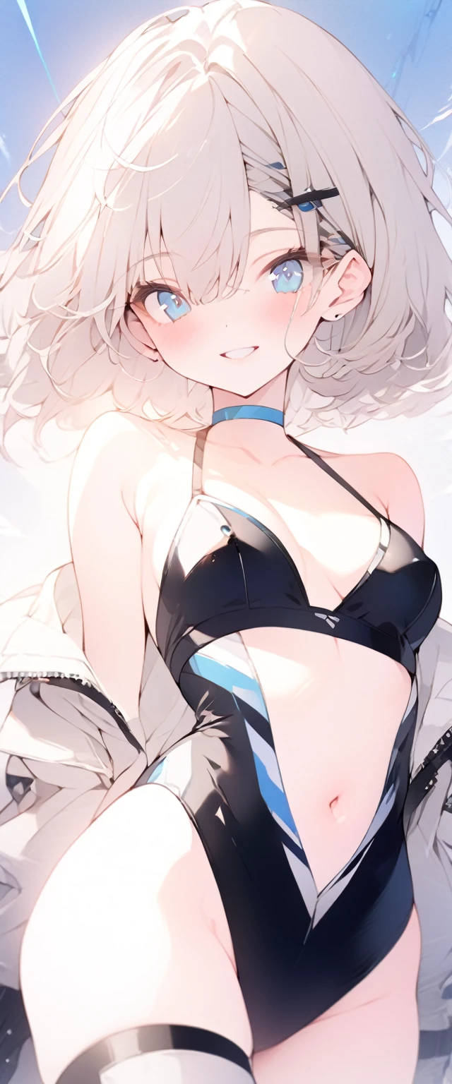 beautiful, masterpiece, Highest quality, anime, One girl, C Cup,Portrait Shot, View your viewers, Covered、Short Hair、nearby、Blue Eyes、art、、White hair,Blue streaked hair、wallpaper、hairpin、Cute smile、Thighs、navel、Black and White_Open race queen、Blue-black_Gloves、Blue-black_Knee-high boots、、Cute、circuit、blue sky、Blue-black_High leg、Leather material、
V-neck