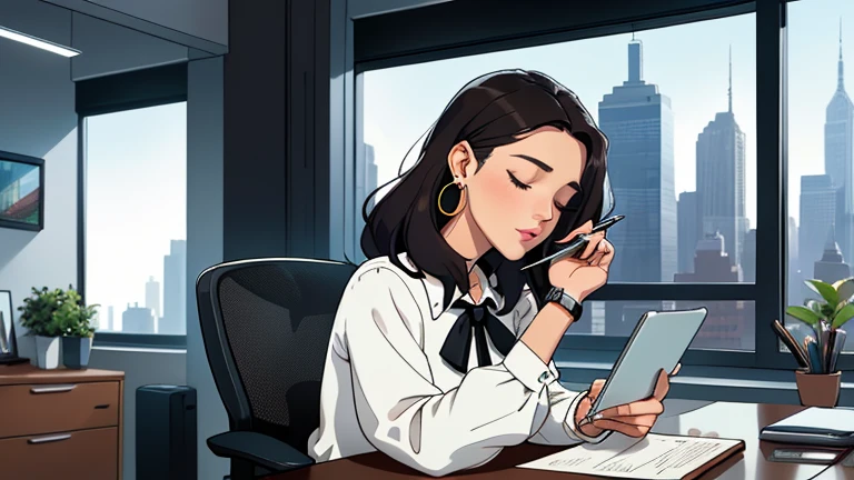 Beautiful dark-haired woman in her 30s sitting in an spacious office office chair, looking down and closing her eyes, relaxed atmosphere, cozy, LOFI girl, alone in the room, white blouse, desk, documents, laptop, pen, watch, smartphone, stationery, wide glass window, only five fingers, New York, colorful, well-proportioned face, I can see skyscrapers outside the window, Modern Office, colorful interior, pierced earrings,