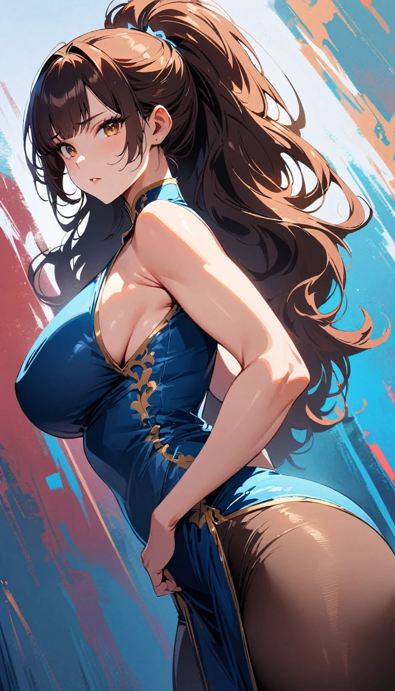 (high quality, 8k, 4K, high contrast, artwork:1.2, high quality, best aesthetics), (dynamic angle), ((1 woman)), erotic, sensual, mature body, super detailed, beautiful face detailed, beautiful eyes detailed, detailed beautiful mouth, sexy body, perfect breats, perfect wide thighs, brown hair, brown ponytail hair, brown eyes, serious facial expression, blue Chinese qipao with gold details, exposed thighs, dark brown pantyhose, standing, erect posture, looking at the viewer, centered.