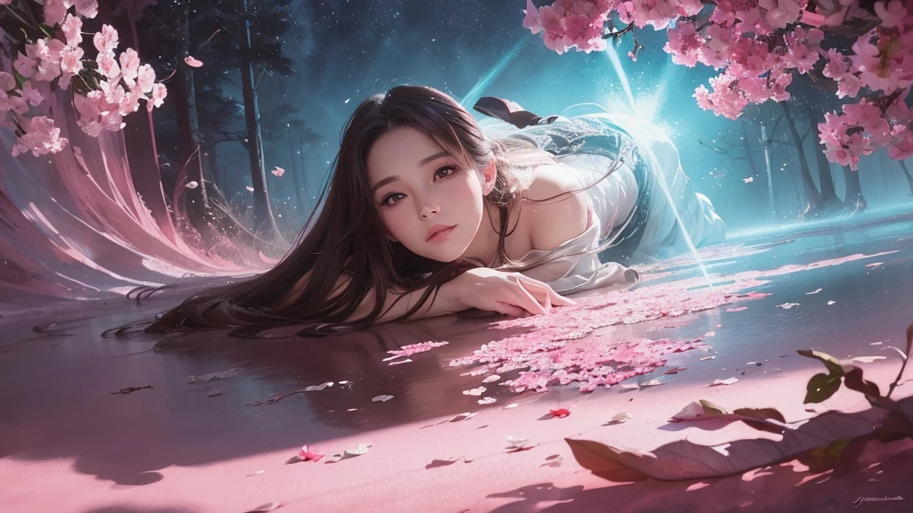 32k, Masterpiece, Highest quality, One girl, Detailed eyes, flower,Sandersonia, Pink and brown style,A dreamy, romantic piece,Pale pink, Mysterious Leaves,A playful arrangement,Fantasy,High Contrast,Ink strokes,explosion,Exposure, Impression of pink and brown tones,Abstract,((Watercolours by John Berkey and Jeremy Mann )) Brush strokes,Negative Space, Tyndall effect,