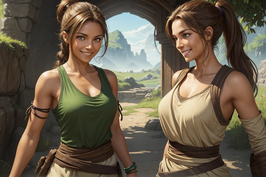 A woman of average height, with sun-tanned skin and light brown hair tied in a ponytail. Her green eyes shine with determination, and she almost always has a friendly smile on her face. She wears simple, comfortable clothes, often stained with dirt. (digital art, fantasy art, RPG art)