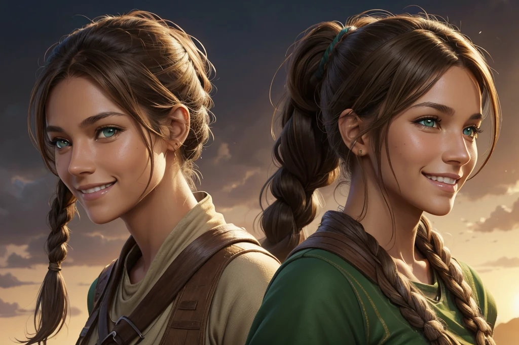 A woman of average height, with sun-tanned skin and light brown hair tied in a ponytail. Her green eyes shine with determination, and she almost always has a friendly smile on her face. She wears simple, comfortable clothes, often stained with dirt. (digital art, fantasy art, RPG art)