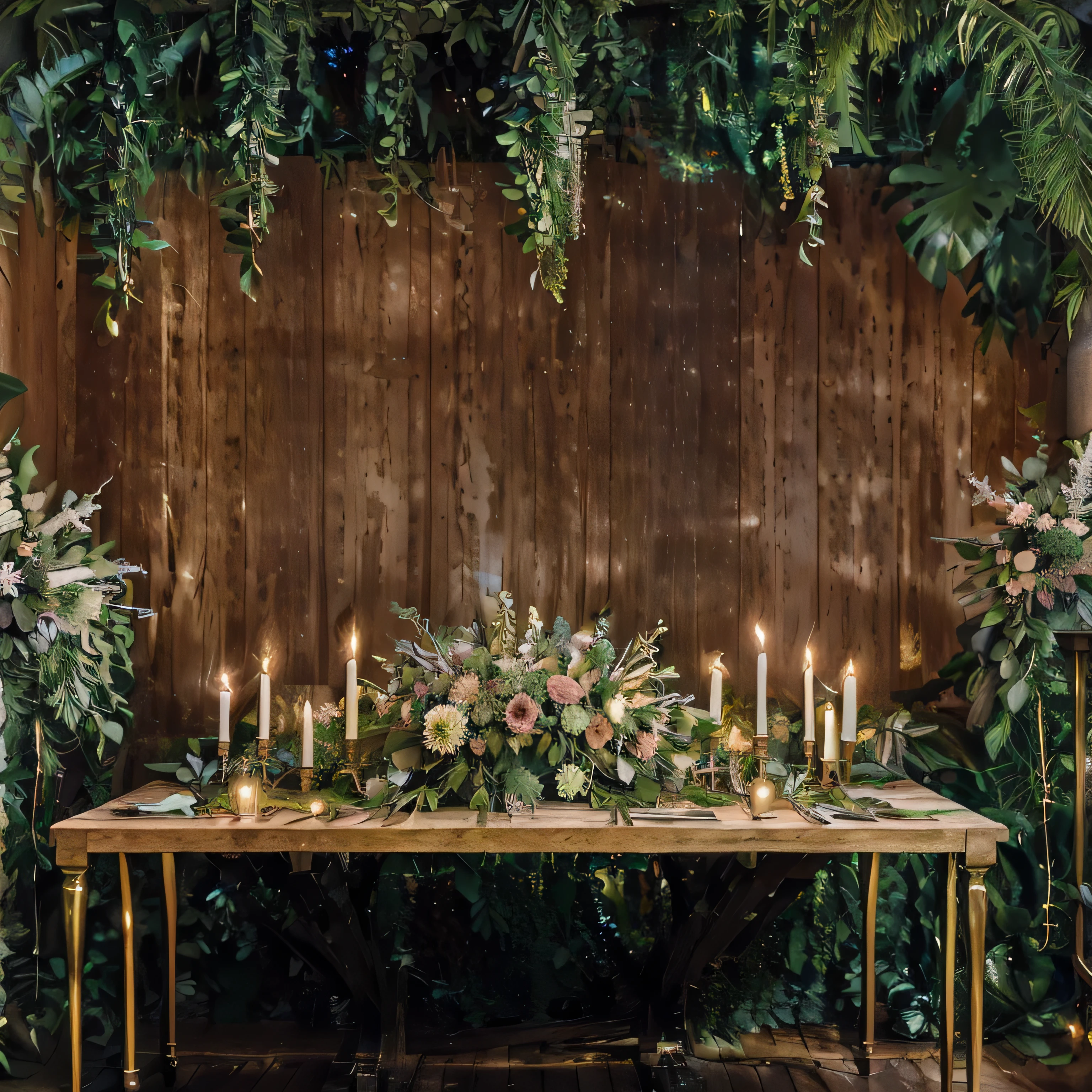 Close-up of a table,Candles and flowers on the table, Romantic green plants, Stunning mysterious background, Rural setting,Jungle environment, Fondo pintado floral, Gorgeous background, Lush Garden Hanging, Forest Background, Lush and chic garden, Archway made of lush greenery,