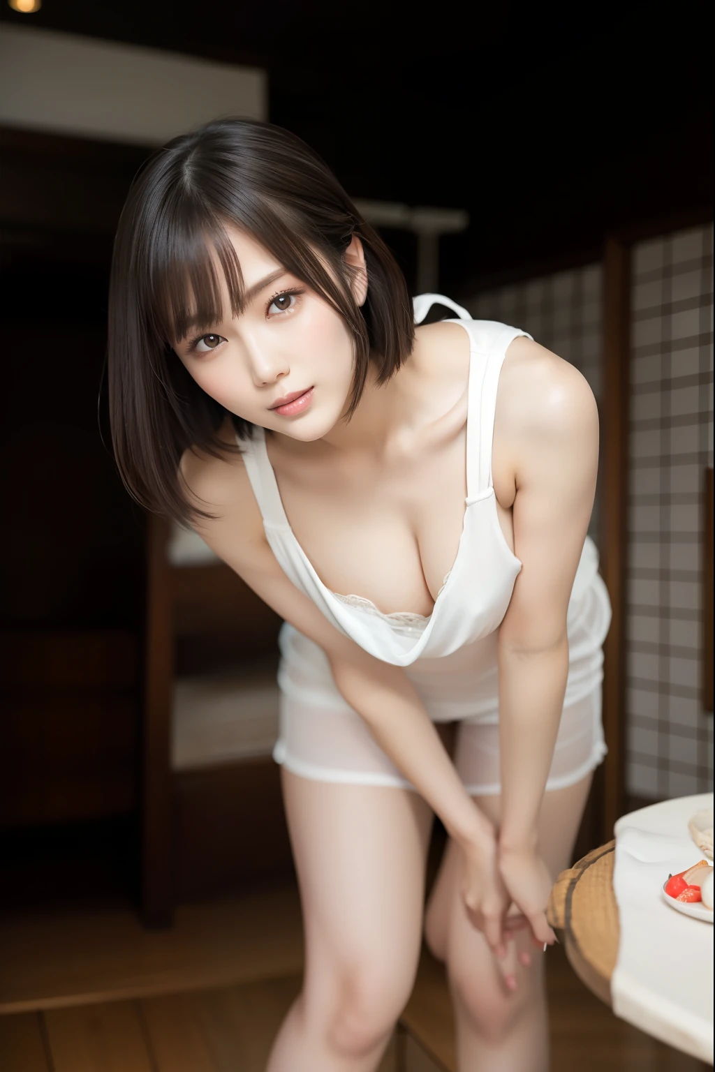 Nightgown, Girl in her 20s, Japan Girl, Small, Perfect Breasts, Perfect Skin, Wet Hair, Short Hair, Perfect, Dark Hair, Bangs, Brown Eyes, Perfect Skin, Perfect Figure, Hair Tied Back, Gravure,