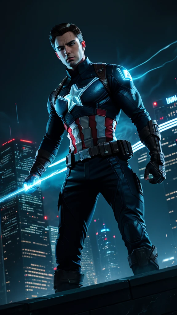 Dark portrait of Captain America as Tron from Marvel, extremely detailed, futuristic cityscape, nighttime, glowing neon lights, smoke, sparks, metal shavings, flying debris, blue energy effects, volumetric light, 