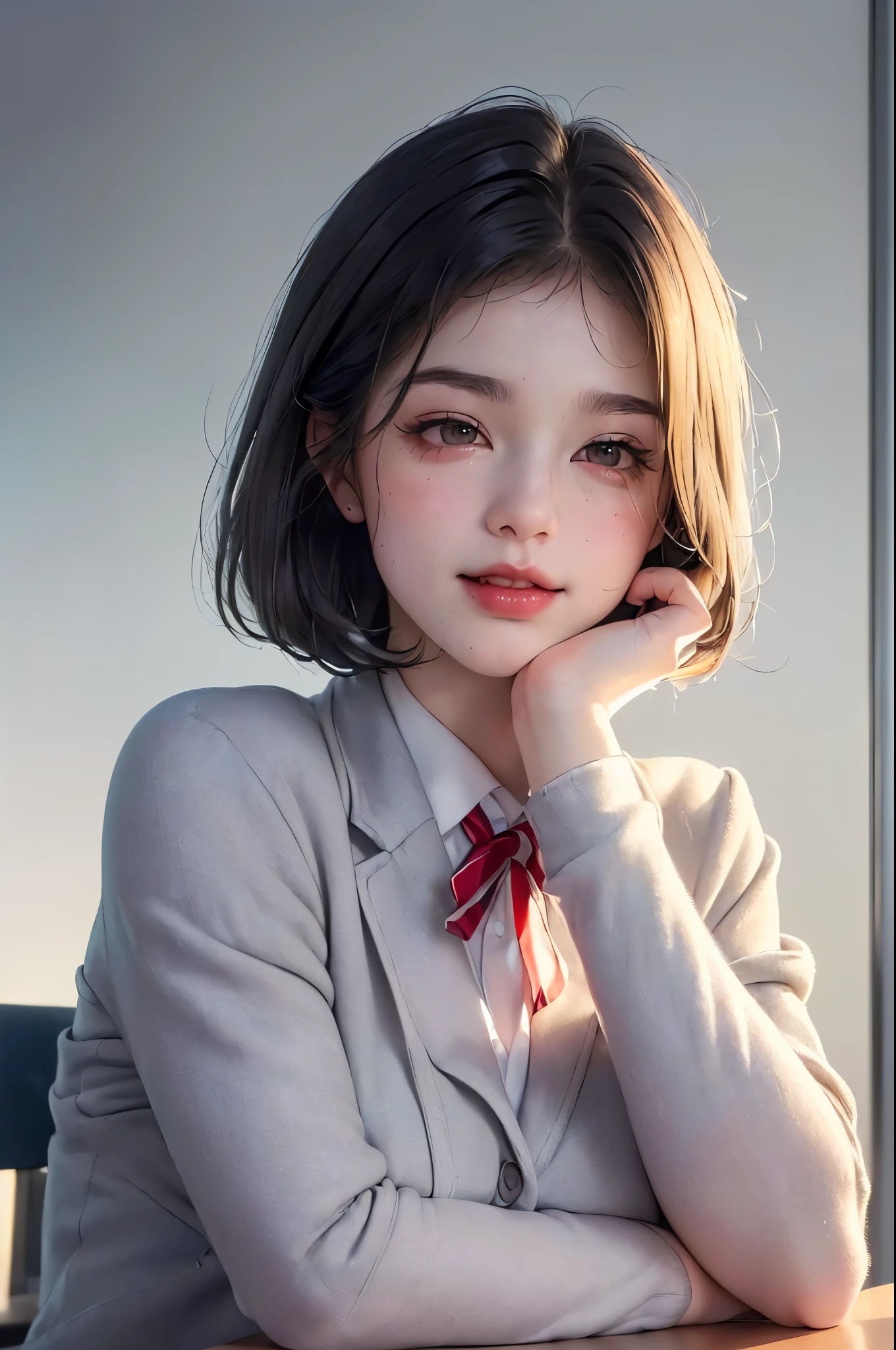 ((8k, RAW photos, top quality, masterpieces), high-definition RAW color photos professional close-up photos, (realistic, photorealism: 1.37), (highest quality), (best shadows), (best illustrations), collarbones ((big)), ((erotic, sexy, ultra high resolution, high-definition CG unified 8K wallpapers, physically based rendering, movie lighting), (aegyo sal:1), 18 year old girl, (grey blazer, ribbon, socks, high school uniform: 1.2), high school classroom, beautiful detail eyes, light on the face, ((full body shot: 1.2)), especially strong light, (upper eyes, grinning smile:1.2),shiny skin, (((black hair, bob hair:1.2))), ( thick thighs), ulzzang-6500-v1.1:0.2, shy, (flash:1.2), NSFW , (puffy), ((seductive posture: 1.2, attractive: 1.2)), (idle), (sitting at a desk in classroom: 1.2)), ((good anatomy: 1.2)), ((bright and refreshing classroom, background blurred: 1.2)), perfect face, cute face, (high angle shot:1.2)