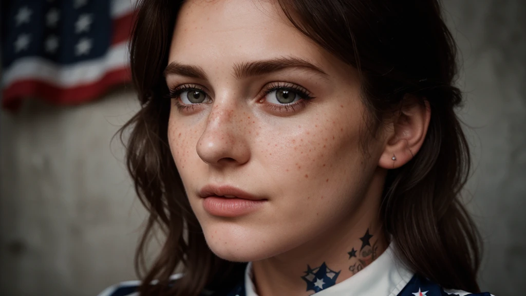 photo, rule of thirds, dramatic lighting, medium hair, detailed face, detailed nose, Woman holding American flag (Independence Day), freckles, collar or choker, perfect detailed hand, tattoo, complex background, realism, realistic, rough, analog, woman, portrait, photorealistic, analog, realism, photo background