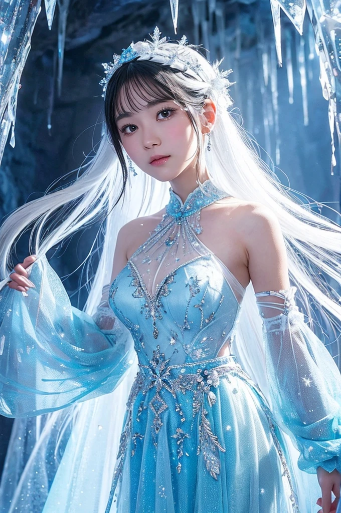 This image is、It depicts a fantastical scene of a beautiful woman standing in an ice cave.。Below is the detailed prompt for the image。
--- In the center of the image、A young woman is standing。she is wearing a white dress、The design is very delicate and elegant。The dress has lace on the shoulders、Transparent materials are used。The dress is decorated with beads and embroidery.、It reflects light and shines brightly。
Her hair is black、It has a natural wave。Her hair is decorated with ice crystals.、It gives the impression of a winter fairy.。Her expression was quiet、The slightly sad eyes are impressive.。Eyes are large、Your gentle eyes are shining。
In the background is an ice cave.。Huge icicles hang from the ceiling and walls of the cave.、The transparent ice pillars reflect the light and shine beautifully.。Fine patterns and cracks can be seen on the surface of the ice.、Natural beauty is highlighted。The whole background is filled with blue light.、It creates a cold and mysterious atmosphere.。
The use of light is very effective、The transparency of the ice and the light reflected on the woman's skin and dress are beautifully depicted.。The light hits her face softly、The expression is gently illuminated。In particular, the light reflecting off the ice icicles creates a fantastic effect.、It enhances the overall atmosphere.。
This image is、This is a work that depicts a fantastic and beautiful winter world.。The elegant figure of the woman and the mysterious background of the ice cave are perfectly combined.、It offers a highly engaging visual experience。This work is packed with fantastical and artistic elements that users love.。