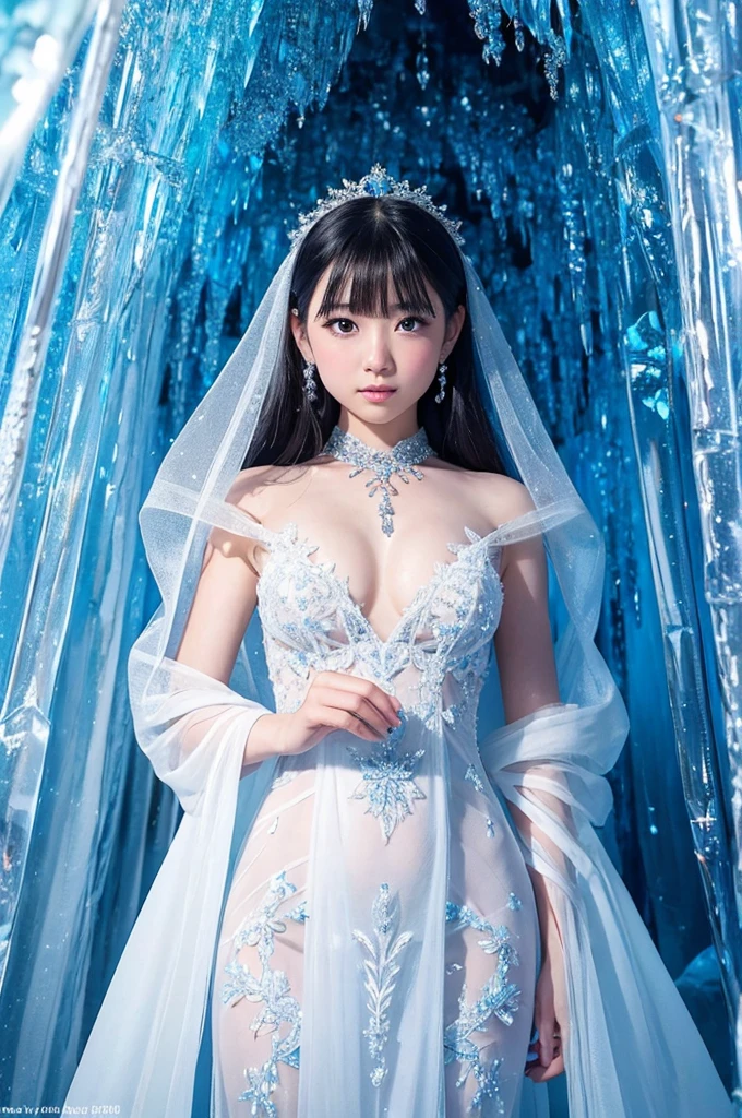 This image is、It depicts a fantastical scene of a beautiful woman standing in an ice cave.。Below is the detailed prompt for the image。

--- In the center of the image、A young woman is standing。she is wearing a white dress、The design is very delicate and elegant。The dress has lace on the shoulders、Transparent materials are used。The dress is decorated with beads and embroidery.、It reflects light and shines brightly。

Her hair is black、It has a natural wave。Her hair is decorated with ice crystals.、It gives the impression of a winter fairy.。Her expression was quiet、The slightly sad eyes are impressive.。Eyes are large、Your gentle eyes are shining。

In the background is an ice cave.。Huge icicles hang from the ceiling and walls of the cave.、The transparent ice pillars reflect the light and shine beautifully.。Fine patterns and cracks can be seen on the surface of the ice.、Natural beauty is highlighted。The whole background is filled with blue light.、It creates a cold and mysterious atmosphere.。

The use of light is very effective、The transparency of the ice and the light reflected on the woman&#39;s skin and dress are beautifully depicted.。The light hits her face softly、The expression is gently illuminated。In particular, the light reflecting off the ice icicles creates a fantastic effect.、It enhances the overall atmosphere.。

This image is、This is a work that depicts a fantastic and beautiful winter world.。The elegant figure of the woman and the mysterious background of the ice cave are perfectly combined.、It offers a highly engaging visual experience。This work is packed with fantastical and artistic elements that users love.。