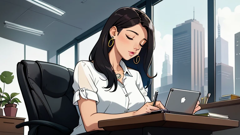 Beautiful dark-haired woman in her 30s sitting in an spacious office office chair, looking down and closing her eyes, relaxed atmosphere, cozy, LOFI girl, alone in the room, white blouse, desk, documents, laptop, pen, watch, smartphone, stationery, wide glass window, only five fingers, New York, colorful, well-proportioned face, I can see skyscrapers outside the window, Modern Office, colorful , pierced earrings, She is fashionable