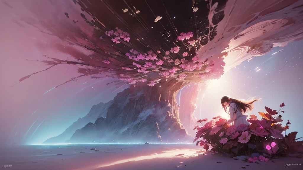 32k, Masterpiece, Highest quality, One girl, Detailed eyes, flower,Sandersonia, Pink and brown style,A dreamy, romantic piece,Pale pink, Mysterious Leaves,A playful arrangement,Fantasy,High Contrast,Ink strokes,explosion,Exposure, Impression of pink and brown tones,Abstract,((Watercolours by John Berkey and Jeremy Mann )) Brush strokes,Negative Space, Tyndall effect,