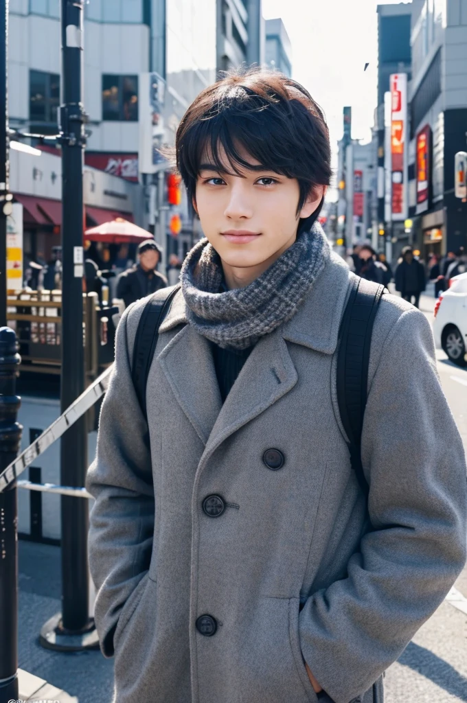 Photorealsitic, 8K full body poster, Beautiful Boys, japanes, An 18-year-old man, A charming expression, detailed face details, TOKYOcty, Winters, Shibuya in the background