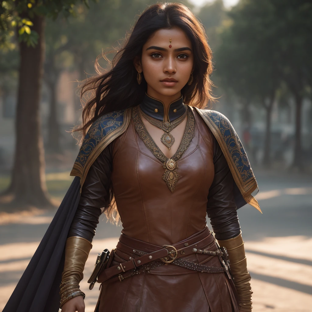 (young Indian girl, 18-year-old, (((wearing a medieval light leather outfit suitable for an assassin. Emphasize the sleekness of the design, Highlight intricate details, such as the texture of the leather, and convey an air of stealth and agility in the character's attire.))), gentle lighting, intricate facial details, flawless complexion, top-notch 3D rendering, hyper-realistic, shot on Indian road. photorealistic digital art trending on Artstation 8k HD high definition detailed realistic, detailed, skin texture, hyper detailed, realistic skin texture, armature, best quality, ultra high res), (photorealistic:1.4),, high resolution, detailed, raw photo, 400 camera f1.6 lens rich colors hyper realistic lifelike texture dramatic lighting unrealengine trending on artstation cinestill 800