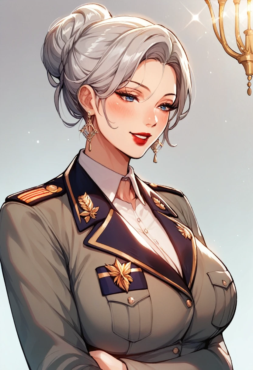 Hot sexy beautiful one women military officer,  long silver chandelier earrings,big breasts, ,grey hair ,  hair bun,blush,blue eyes, smiling,red lipstick, military sergeant uniform 